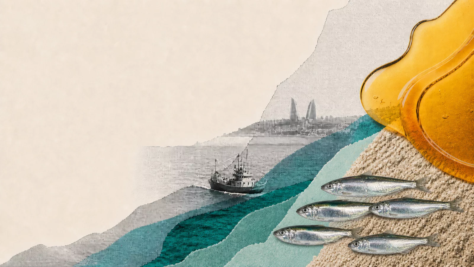 Collage of Caspian sprat, fishmeal and fish oil